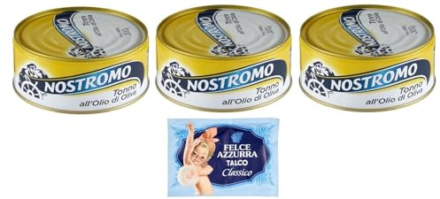 3er-Pack Nostromo Thunfisch Tonno all'Olio di Oliva,Thunfisch in Olivenöl,300g Dose + 1er-Pack Kostenlos Felce Azzurra Talkumpuder, 100g-Beutel