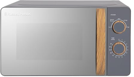 Russell Hobbs RHMM713G Micro-ondes manuel compact 700 W, 17 l, 5 niveaux de puissance, poignée et boutons effet bois, style scandinave, minuterie, fonction décongélation, nettoyage facile, gris