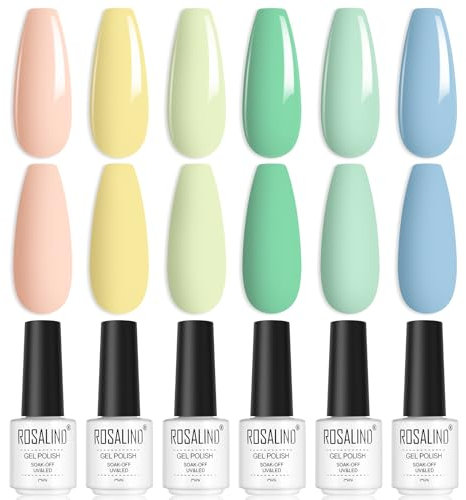 ROSALIND UV Nagellack, Makronen Shellac 6 Farben Rosa Gelb Grün Blau Gel Nagellack Set Soak-Off UV Gel Nail Polish für Anfänger Nail Art Salon DIY