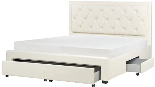 Beliani Bett Samt Hellbeige Schubladen Lattenrost 180x200 cm Chesterfield Stil Lievin