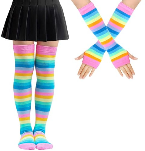 Mayoii Rainbow Thigh High Socks Fingerless Gloves Set, LGBT Over Knee High Socks for Women Girls, Striped Thigh High Stockings Pride Accessories