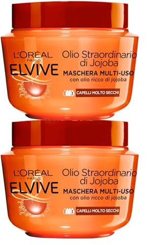 L'Oréal Paris Elvive Olio Straordinario di Jojoba Maschera Nutriente Multi-Uso Capelli Molto Secchi e Spenti - 2 Barattoli 300ml
