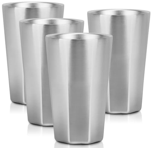 Beasea Vasos de acero inoxidable de 15 onzas, paquete de 4 vasos grandes apilables de doble pared aislados de acero inoxidable a granel para beber vasos de pinta de metal, vasos de lata para el hogar,
