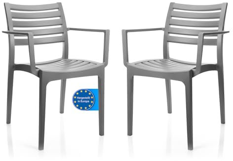 BigDean 2er Set Gartenstuhl mit Armlehne Capri in Grau – stapelbarer Campingstuhl belastbar bis 160kg – wetterfester Essstuhl für Indoor + Outdoor Aktivitäten & Feiern geeignet – Made in Europe