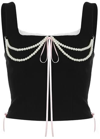 Romantische Perlenkette, Spitzennaht, Schleife, Hosenträger, Mädchen-Taille, Ming-Weste-Schwarz-L