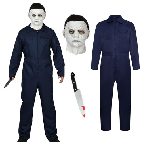 HarnyLoom Halloween Costumes Adult Men Women, Halloween Costume Jumpsuit with Mask Toy Plastic Knife Scary Horror Halloween Props Killer Overalls Cosplay Party (Blue Dark, M)