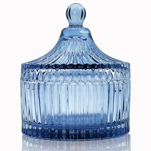YILUSHENGHUA Buntes Glas mit Deckel, Puderquastenschale, Schmuckbox, Buffetglas, Keksbehälter, Lebensmittelaufbewahrung, dekoratives Glas (grau-blau)