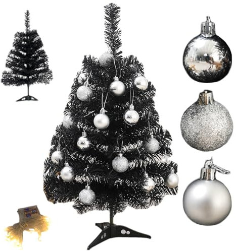 Piccolo albero di Natale nero Halloween albero di Natale 2ft albero di Natale nero desktop piccolo albero di Natale con corda leggera & ornamenti a palla per Halloween Natale, albero di Natale nero