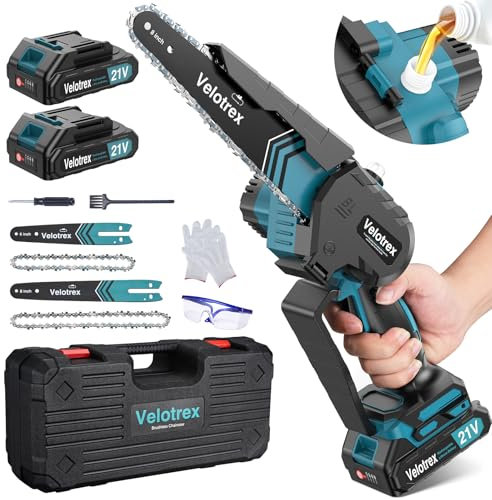 Velotrex Mini Chainsaw Cordless 6 inch + 8 inch with 2 × 2000mah Battery, Brushless Chainsaw with with Auto Oiler and Automatic chain tensioner, Electric Chainsaw For Pruning, Cutting, Trimming