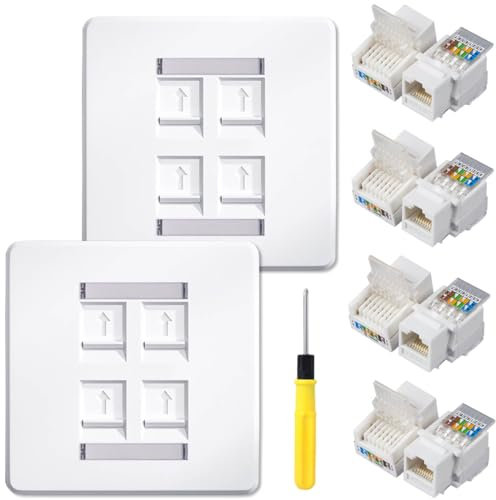 Acmerota Socket Ethernet Faceplate 4-Port CAT6 RJ45 Socket Wall Plate Quad Ethernet Wall Scoket Cable Networking Box, with Tool-Free Network Connector Module