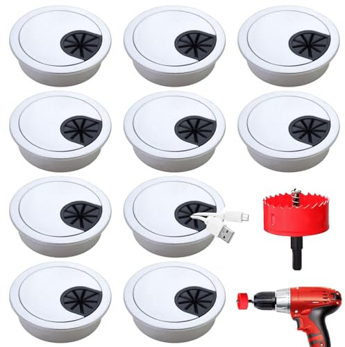 Geoyien 10 Piezas Pasacables escritorio, Pasacables, Pasacables mesa, con sierra de metal para agujeros de 1 pieza, pasacables redondo, tapa para agujeros de cables de escritorio (60mm, Plateado)