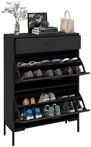 HOMCOM 3-Drawer Shoe Cabinet with Adjustable Shelf for 12 Pairs of Shoes, Narrow Shoe Storage Cabinet with 2 Flip Doors for Hallway, Entryway, Black