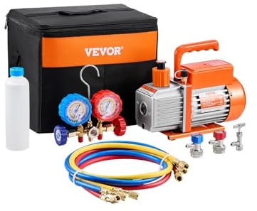 VEVOR Pompe à Vide Climatisation, 99 L/Min, Pompe à Vide Frigoriste CVC 1 Étage, Kit Jauges de Collecteur de Réfrigérant pour Climatiseur Automobile, avec Tuyau Tricolore, pour R134a, R12, R22, R502a