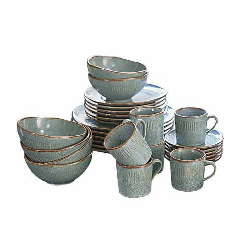 LOBERON Geschirr 30er Set Périers, Handgetöpferte Optik, Spülmaschinenfest und Mikrowellengeeignet, 3D-Rillenmuster, Tischaccessoires, Steinzeug, türkis/braun