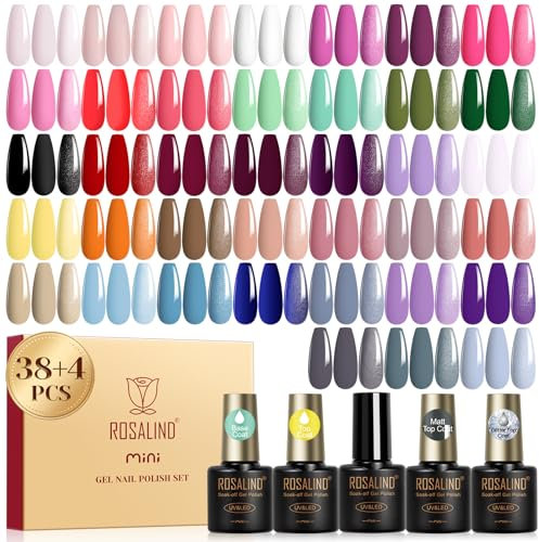 ROSALIND Esmaltes Semipermanentes Para Uñas, 42 Piezas Rosa Blanco Verde Rojo Violeta Gris Colores Esmaltes Semipermanente, UV/LED Pintauñas Semipermanentes Nail Art Manicure Regalo