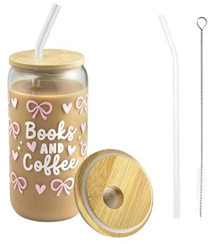 Bliceon Glass Cups with Lids and Straws, 16 oz Iced Coffee Cup, Book and Coffee Mug, Travel Glass Mug, Book Lovers Birthday Gift for Women