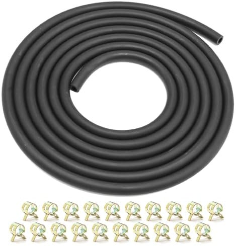 Hoypeyfiy 6mm(1/4) ID Fuel Line Hose, Black Rubber 2.4 Meters (8 Feet) Gas Tube with 20 Clamps, Replacement for BS Small Gas Diesel Powersports Engines and Generators (6mm 1/4inch)