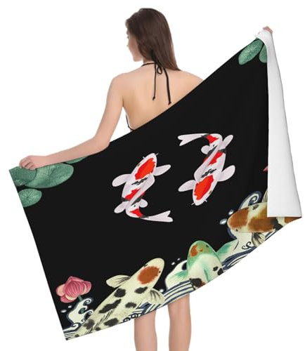 Mikrofaser Strandtuch Koi Im Japanischen Stil 70x150 cm, 3D Seerose Badetuch für Erwachsene Weiches Leicht Handtuch Schnelltrocknend Sandfreies Strandhandtuch