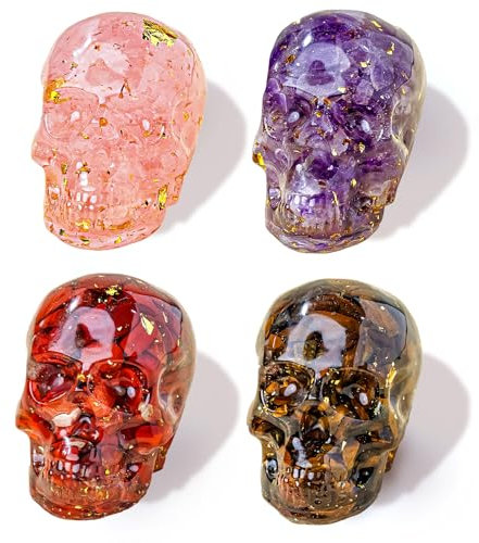 RJINGSHI 4 Stück Kristallharz-Totenkopf-Dekoration, natürlicher Schotter, Halloween-Geisterkopf, Geschenk (4 Stück - 1)