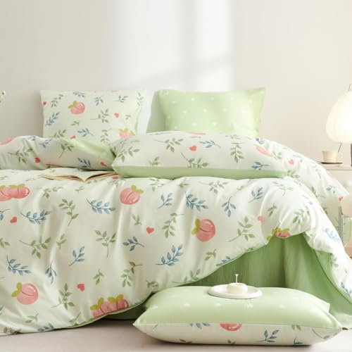 Lanqinglv Bettwäsche 135x200 Mädchen Grün Weiß Pfirsich Blätter Kinder Bettwäsche aus Microfaser,ÖKO-TEX Bettwäsche Set Allergiker - Herzen Bettbezug mit Reißverschluss und 1 Kissenbezug 80x80 cm