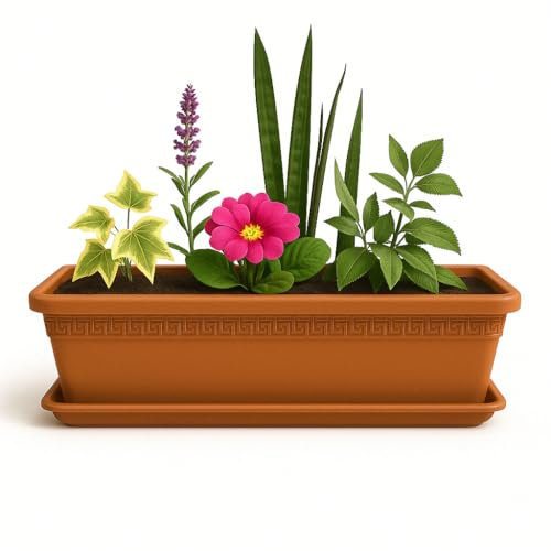 TECHZOCO Jardinera de plástico con Plato, Macetero Jardín, Incluye Plato, Fabricado en Polipropileno, Apto balcón, Patio, Interior/Exterior, 60 cm Largo x 16.5 cm Alto x 18 cm Fondo, Terracota