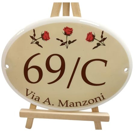 Numero Civico Personalizzato per Esterno Ovale - Ceramica cotta a 900°, Made in Italy Colori Indelebili e Resistenti - Disponibile su varie misure (Beige Rose, 9x12 cm)