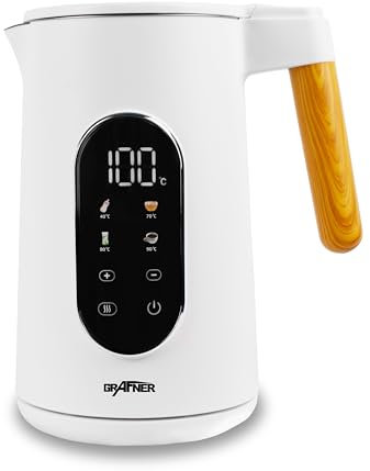 Grafner Edelstahl Wasserkocher mit Temperatureinstellung, 40°C-100°C, großes Display, Warmhaltefunktion und Memoryfunktion, 4 Programme, Doppelwand, 1,7 Liter, 2200 Watt, Teekocher digital (Weiß)