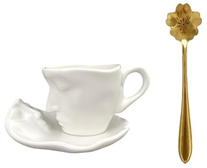 Tazza e piattino in ceramica a forma di viso creativo con bacio, tazza da caffè, tazza da caffè, tazza da ufficio e regali di nozze (bianco, 100 ml)