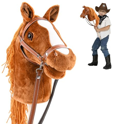 SKUTZTEK Hobby Horse Steckenpferd für Kinder | Mit Abnehmbare Zügel & Realistischere Borsten | Plüschpferd auf Holzstab | Reitspielzeug Für Kinderreitsport, Dressur und Springreite (Braun)