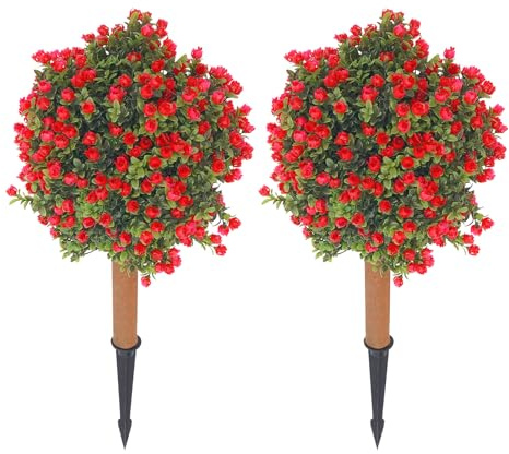 Caskunbsy ‌Künstliche Buchsbaum-Kugel Topiary 2er-Set 35-40cm mit Erdspießen | Für Innen/Außen Dekoration | Kunstpflanzen （rot-grün）