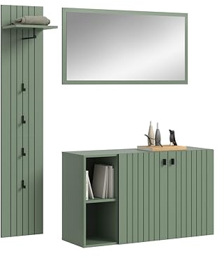 xonox.home – 3-TLG. Garderobenkombination Station 152x192x37 cm in Smoke Green – Attraktives Garderoben-Set mit Paneel, Schuhkommode und Spiegel für den modernen Flur