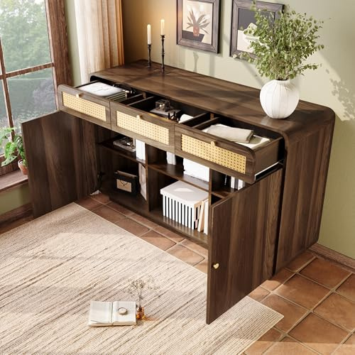 ZKLOEP Kommode Sideboard 120cm Nussbaum, 85x120x40cm Schubladenschrank mit Rattan & Goldgriffen, 3 Schubladen + 2 Schränke + offenes Regal, Höhenverstellbare Einlegeböden