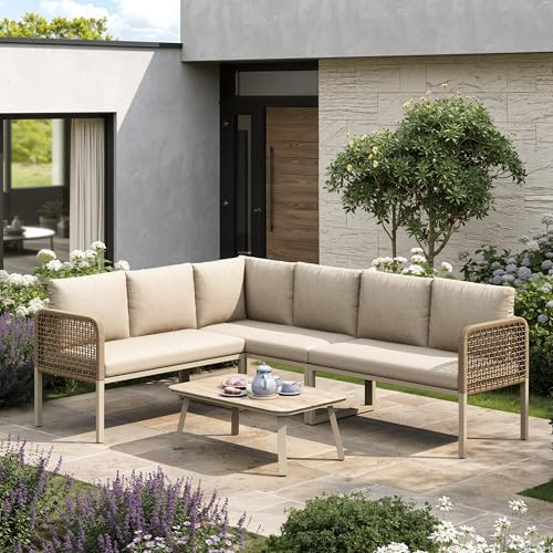 ModernLuxe 5–6 Seater Garden Furniture Set, L-Shaped Corner Sofa with Polyester Rope, Wood-Look Tempered Glass Coffee Table, Weatherproof Outdoor Patio and Balcony Lounge Set, Beige Linen
