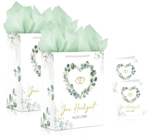 JOVYTH Hochzeit Geschenktüte 2 Stück mit Seidenpapier und Karte, Geschenktasche Zur Hochzeit mit Eukalyptus Herz Design, Hochzeitsgeschenk Verpackung für Brautpaar