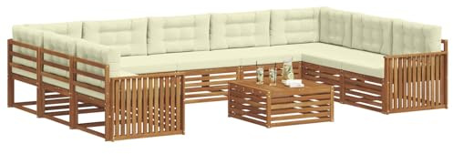 vidaXL Sofagarnituren 10 pcs Natur und Creme Massivholz Akazie, Moderner Garten-Sofa, Outdoor-Sitzgruppe, Lounge-Set für die Terrasse, bequem und robust