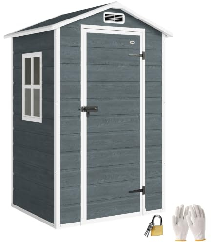 Outsunny Gerätehaus 1,1 m² mit Holzoptik Fenster 128 x 104 x 196 cm Grau | Kunststoff Gartenschuppen, Geräteschuppen mit Satteldach, Belüftung, Boden, Schloss, Handschuhe, Gartenhaus für Werkzeuge