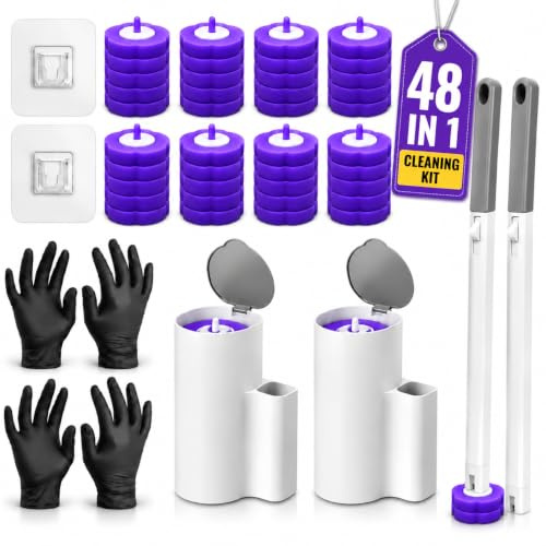 2-Pack Disposable Toilet Brush with 48 Refill Heads, Toilet Cleaning Brush Wand System with Holder & Wall Hooks, Disposable Toilet Cleaner Brush for Toilet Bowl, Sink, Bathtub & Floor Cleaning
