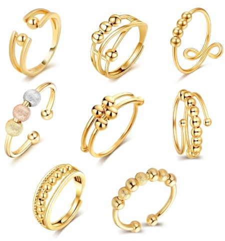 JININOSEU 8 Stück Anti Stress Ring Gold, Anxiety Ring Gold, Einstellbar Antistressring für Damen Herren