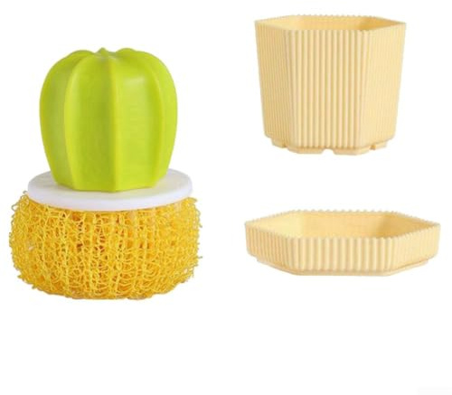 Cute Succulent Dish Brush with Storage Stand, Creative Microfiber Cleaning Ball, For Kitchen Sink and Pots, Fun Plant Shaped Scrubber, For Home Cleaning(Yellow)