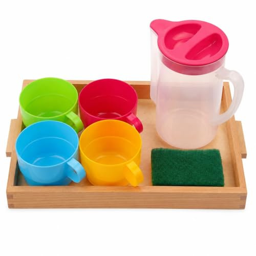 Colcolo Activité de Transvasement Enfants Ensemble Plateau Pichet Gobelets Éponge pour Coordination Motricité Fine Autonomie Matériaux Bois et Plastique