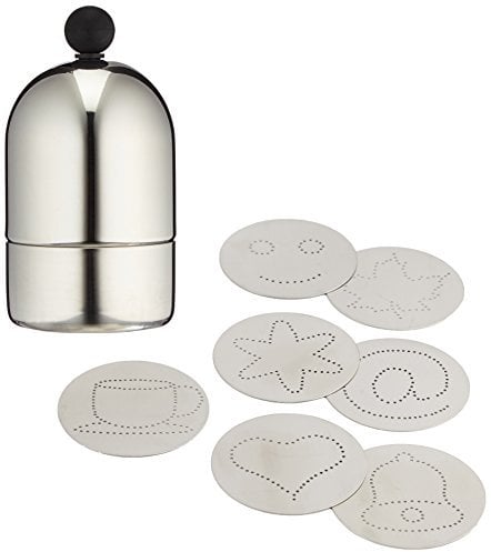 Paderno 42923-07 Set Spargicacao con 7 Mascherine per la decorazione di dolci e bevande calde – Spargizucchero decorativo in acciaio Inox 18/10, capacità 250 ml, 13 cm x 6,5 cm ø, colore grigio