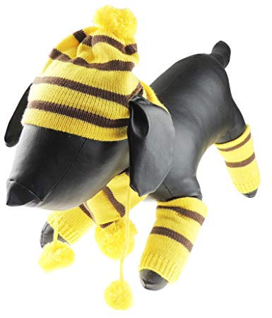 Super süße Hunde Katzen warme Winter Strickschal, Beinlinge & Pudelmütze Geschenkset (gelb, S)