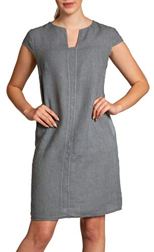 Caspar SKL036 Damen Sommer Leinenkleid mit ausgefallenem Ausschnitt, Farbe:grau, Größe:M - DE38 UK10 IT42 ES40 US8