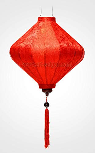 Lanterne Lampion Asiatique en Soie Rouge - Lustre Suspension Traditionnel de Hoi an en Tissu, Bambou et Bois - Décoration et Artisanat du Vietnam (T25-R)