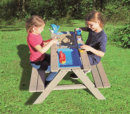 Sand- Wasserspieltisch Kindersitzgarnitur/Massivholz Tisch mit Sitzbänken Abnehmbarer Tischplatte und 2 Spielwannen Matschkisten Sandkiste/witterungsbeständig