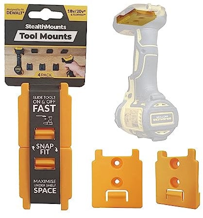 StealthMounts Tool Mounts for Dewalt 18v XR | Cordless Tool Holders for Dewalt 18v XR Tools | 4 Pack | Yellow Dewalt 18v XR Tool Organisers