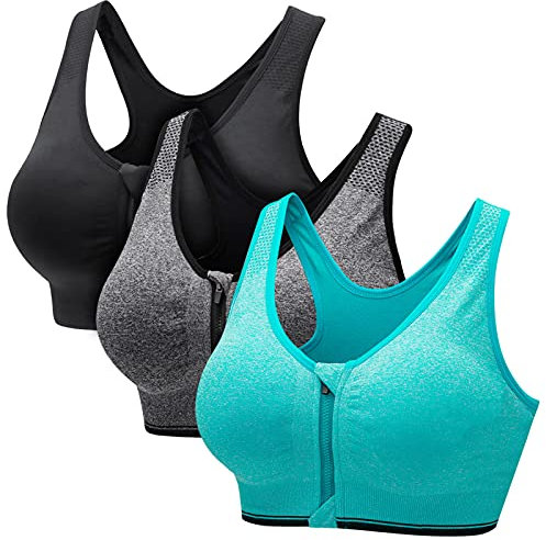 CARETOO Damen Sport BH Stark Halt Active Bra Höhe Beanspruchung Trainieren Bustier Fuer Yoga Fitness - Mit Reißverschluss Schwarz + Grau + Hellblau, 3XL