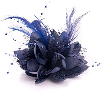 Flower Feather Fascinator Beaded Beak Hair Clip Brooch Bobble Ladies DayAscot Races (Navy Blue)