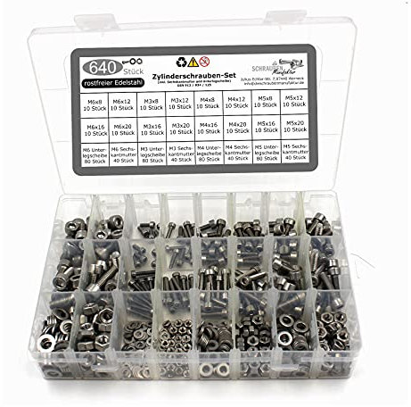 640 teiliges Set aus Zylinderschraube mit Innensechskant nach Norm DIN 912 + Sechskantmutter DIN 934 und Unterlegscheibe DIN 125 Edelstahl Größe M3 M4 M5 M6 (M3-M6 Mischbox)
