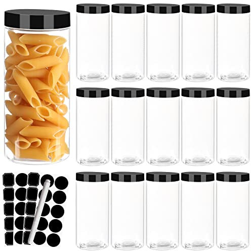 Yishik 16 oz Plastic Jars with Black Lids,16 Pack Clear Plastic Jars 500ml Empty Kitchen Storage Canisters,Refillable PET Slime Containers for Food&Cosmetic Storage,Art Crafts
